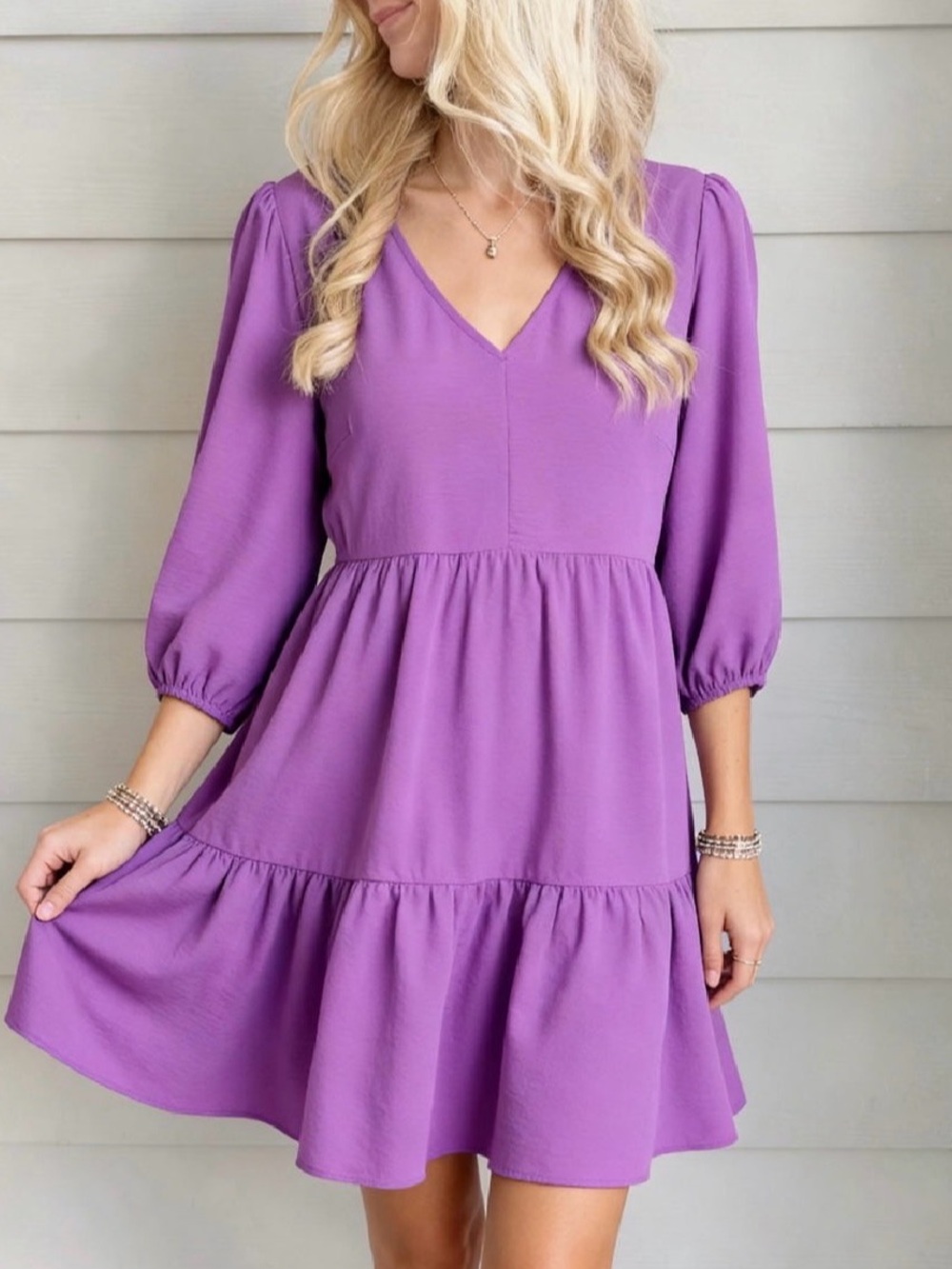 V-Neck Tiered Swing Dress in Purple, Gameday, East Carolina, Football Game Day
